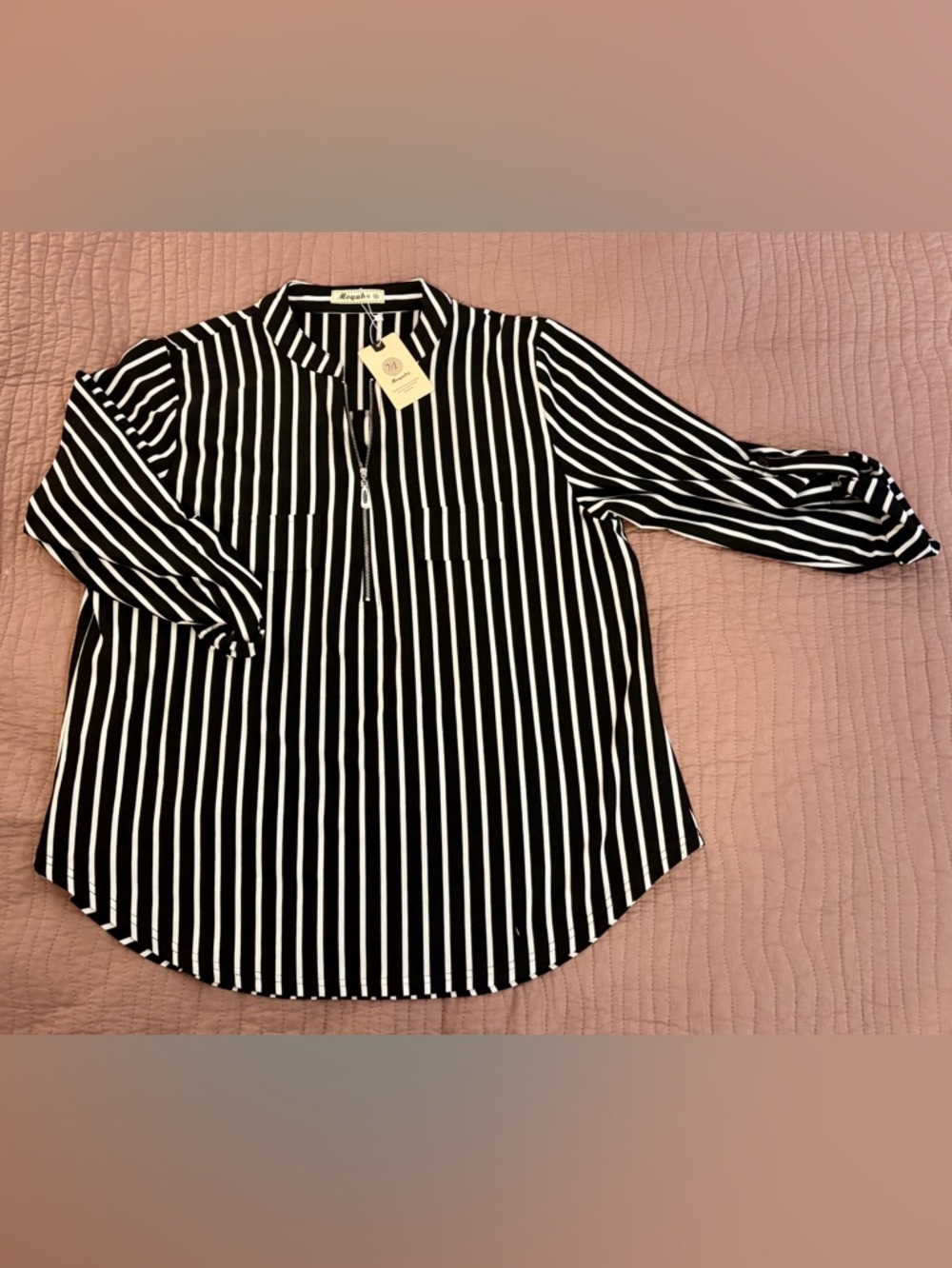 Moyah Black & White Striped Zip-Front Blouse